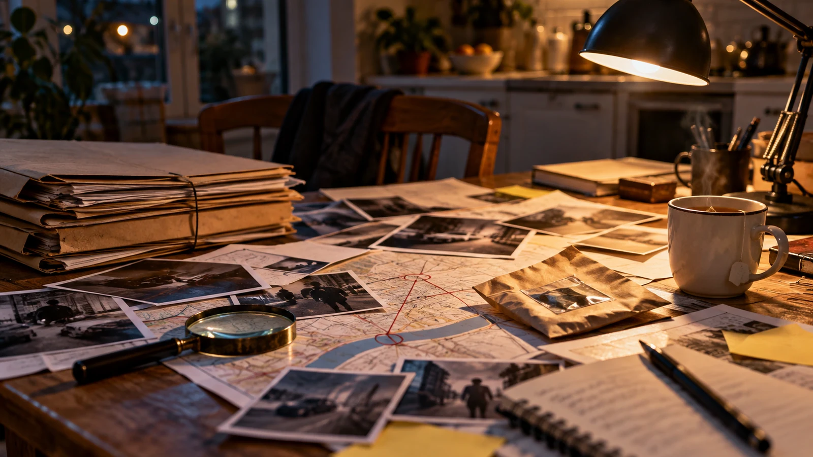 Contenu d’une boîte d’enquête cold case étalé sur une table