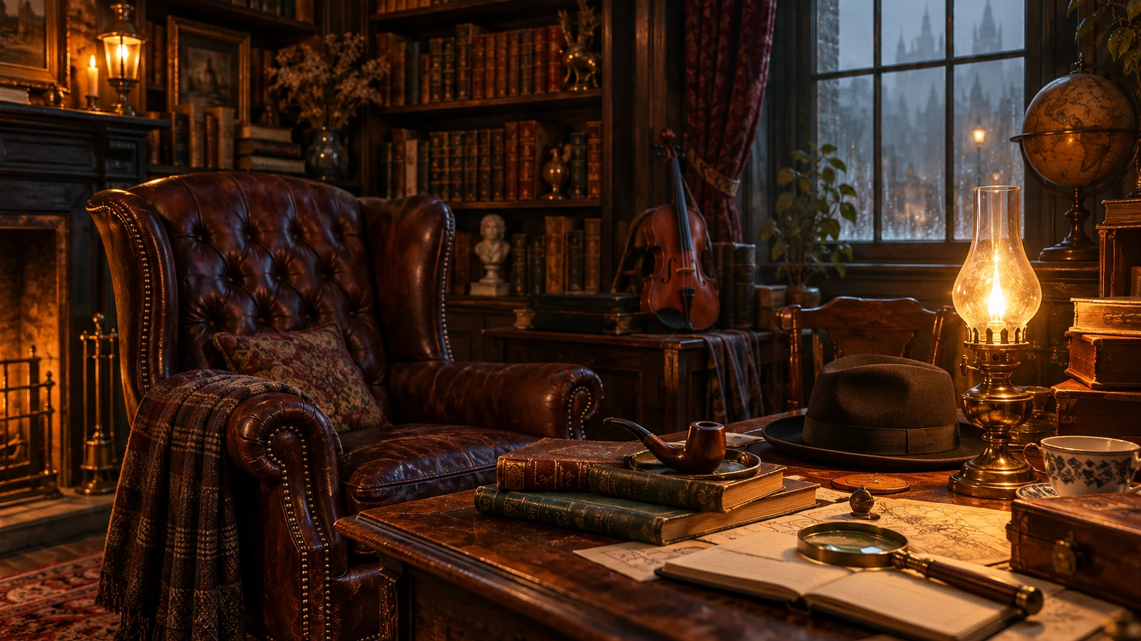 Bibliothèque victorienne évoquant l’histoire du jeu d’enquête