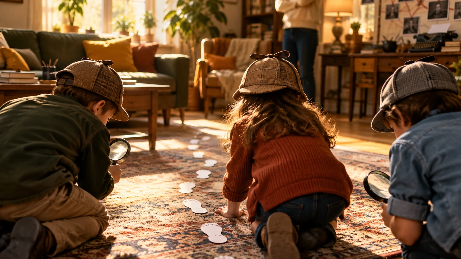 Enfants détectives suivant des traces lors d’un jeu d’enquête pour enfants
