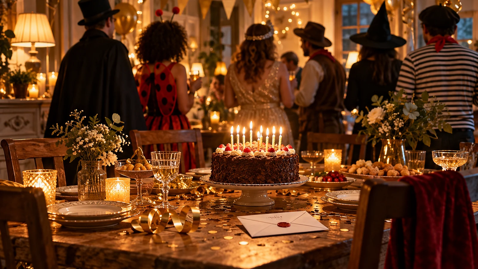 Gâteau et invités costumés pour une murder party d’anniversaire