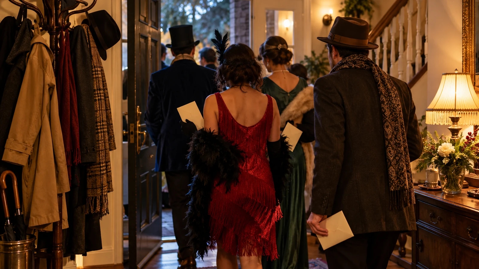 Arrivée des invités costumés pour une première murder party