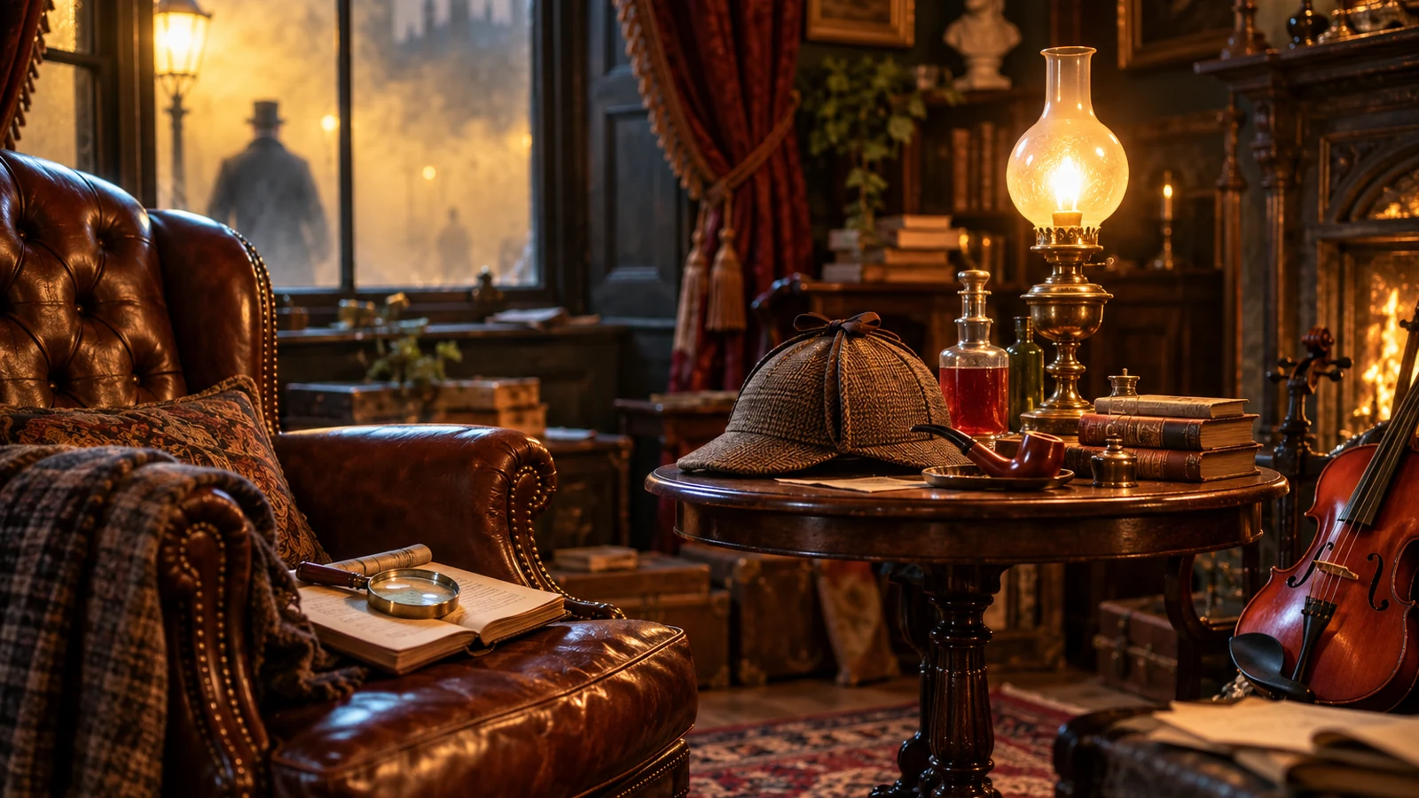 Salon victorien évoquant le détective Sherlock Holmes