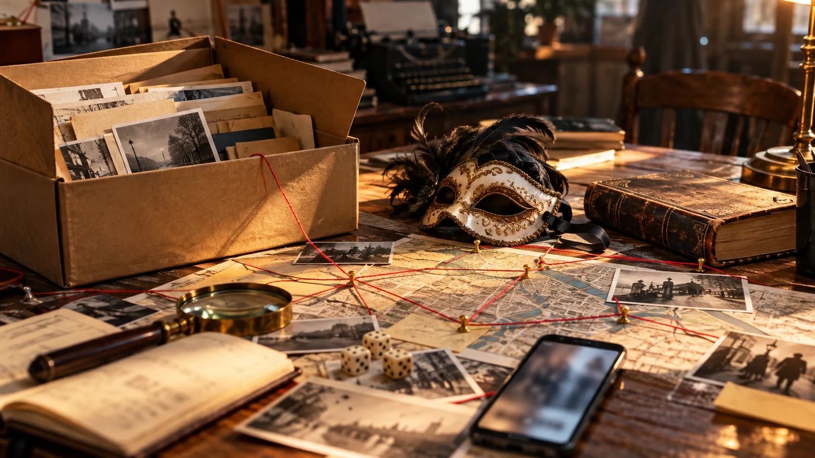 Objets représentant les différents types de jeux d’enquête sur une table