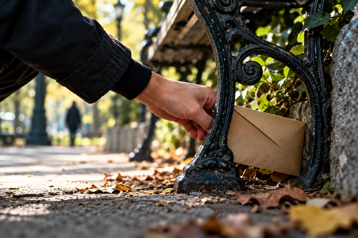 Enveloppe cachée derrière un banc public, indice d’une enquête en extérieur