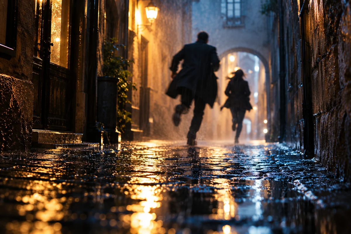 Joueurs traversant une ruelle pavée lors d’une enquête en extérieur