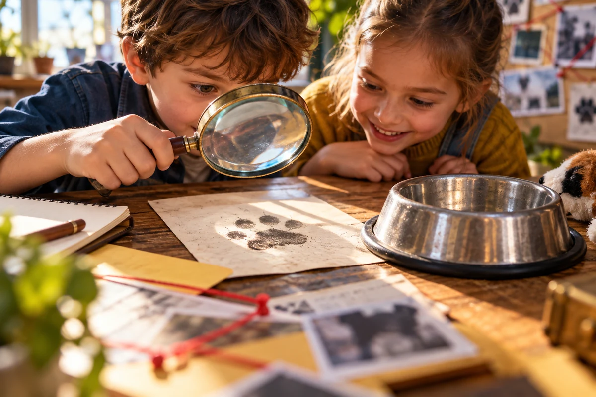 Enfant observant un indice à la loupe, jeu d’enquête pour enfants