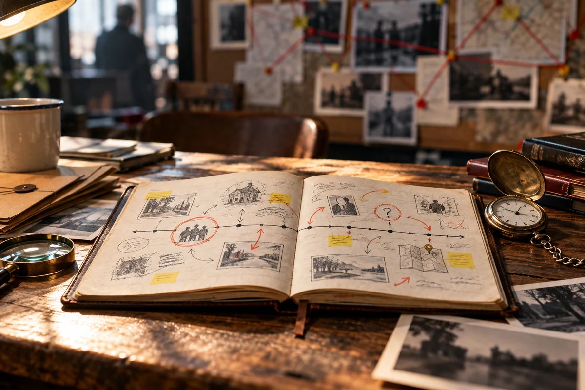 Carnet et frise chronologique illustrant les méthodes d’enquête